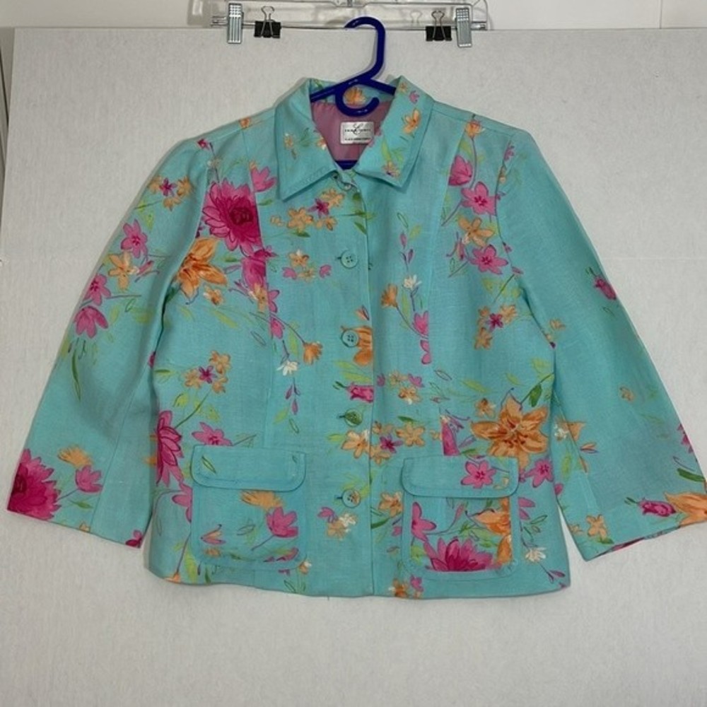 Emma James Linen Blend Blazer with Pockets, Covered Buttons, Aqua, 10
